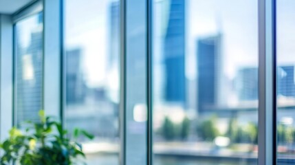 Aufkleber - Blurred glass wall with a cityscape background creating a modern abstract effect. Contemporary urban architecture with a soft focus for banner design, business, and technology concepts
