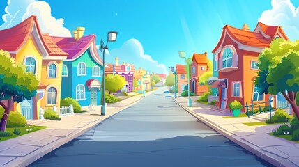 Poster - A cartoon style illustration of a street lined with colorful houses.