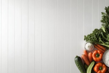 Poster - Colorful assortment of fresh vegetables like carrots, bell peppers, and cucumbers displayed on a bright white surface, showcasing clean lines and copy space