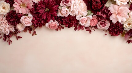 Poster - Delicate watercolor flowers in soft pink and red hues form an elegant arrangement against a light beige background, offering a lovely design element with copy space