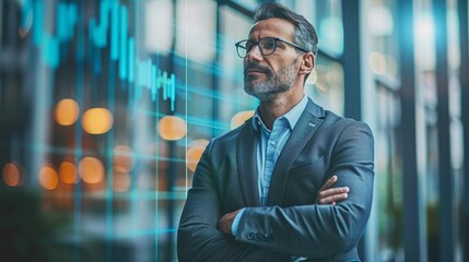 Poster - Professional man reflecting on market trends in a modern office environment during the evening