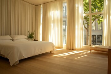 Poster - This contemporary bedroom features a single bed with white linens, warm natural light filtering through large windows, and a serene, minimalist ambiance