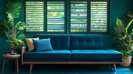 Canvas Print - Teal Sofa in Tropical Living Room with Shutters