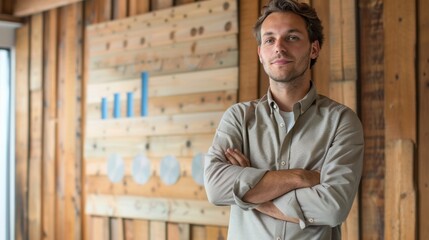 Poster - Professional man standing confidently in a modern office environment with wooden walls and data charts