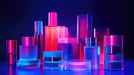 Poster - Futuristic neon-themed beauty products arranged artistically.