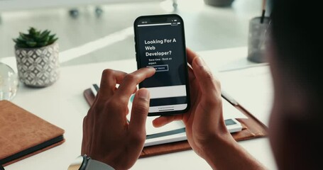 Poster - Hands, phone screen and web developer at office with application, search and test launch for ui at agency. Person, smartphone and user experience with design, review and assessment at workplace