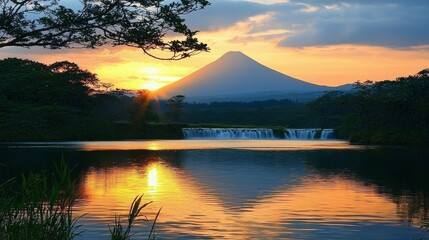 Poster - As the sun sets, vibrant colors paint the sky above a tranquil lake, while gentle waterfalls cascade into the water, creating a breathtaking landscape dominated by a towering mountain