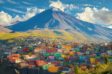 Colorful houses below a snow-capped mountain peak with bright blue sky for travel