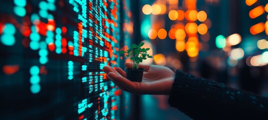 Poster - Green Sprout in Hand Against Stock Market Numbers Symbol of Sustainable Investment and Growth