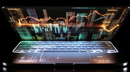 Wall Mural - Laptop with an augmented reality stock market projection above the keyboard.