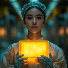 Poster - Minimalist Portrait of Innovative and Efficient Engineer in Cleanroom with Glowing Microchip