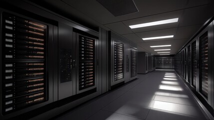 Poster - Cloud server room digitally enhanced with holographic displays showcasing real-time data flow.