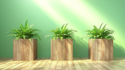 Canvas Print - Three Wooden Planters With Lush Green Ferns Indoors