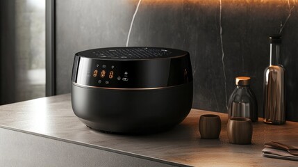 Poster - Minimalist electric rice cooker with a digital LED interface.