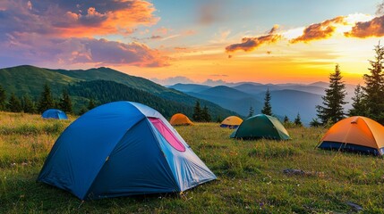 Poster - Colorful tents are set up in a tranquil mountain meadow, basking in the warm glow of a stunning sunset. The backdrop features majestic peaks and lush greenery, creating a peaceful retreat