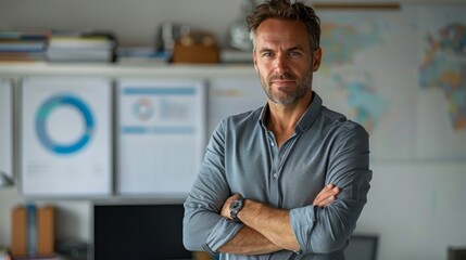 Poster - Professional man standing confidently in an office space with modern decor and organized workspace