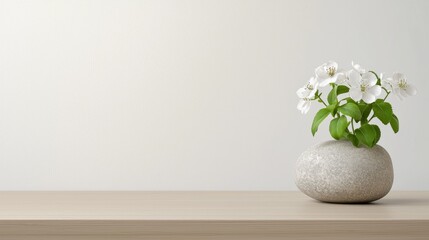 Wall Mural - White flowers in stone vase on wood table, minimalist background