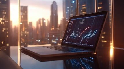 Poster - Sleek business laptop with financial graphs displayed on the screen, placed on a modern desk.