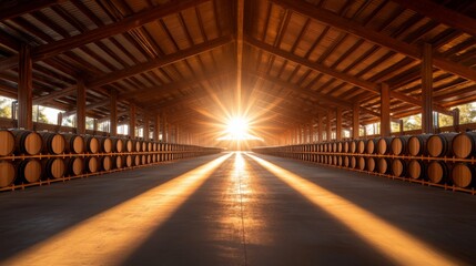 Poster - Sunlight streams through high windows, illuminating a row of stacked whiskey barrels in a traditional warehouse, creating a warm and inviting atmosphere