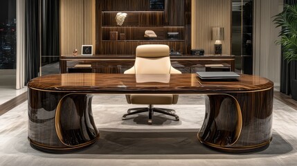 Poster - Stylish laptop on a polished wooden desk with elegant office decor in the background.