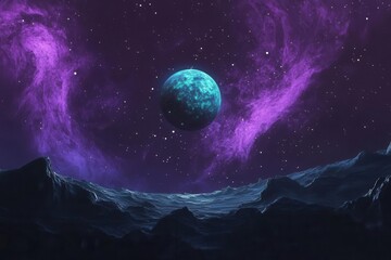 Wall Mural - majestic spiral galaxy with iridescent purple and turquoise nebulae, cosmic dust clouds illuminated by distant stars, planet rising over celestial horizon, deep space exploration scene
