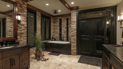Poster - This stunning bathroom showcases a harmonious blend of natural stone and modern elements, featuring a relaxing soaking tub and stylish fixtures for ultimate comfort and style