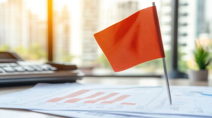 Poster - Victory flag on top of a financial report with a rising trend line.