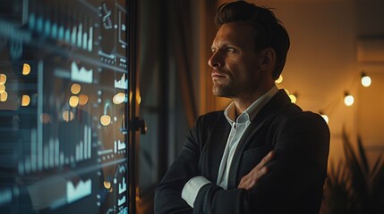 Poster - Business professional analyzing data projections in a modern office environment during evening hours