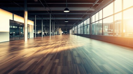 Fototapete - Bright and airy office space showcases wooden floors and large windows, providing an open atmosphere. Clean lines and minimal decor enhance the serene environment