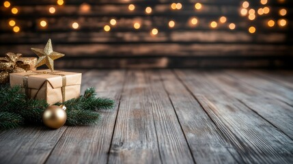 Poster - A cozy Christmas ambiance is created by a gold star ornament hanging from a pine branch, with soft fairy lights enhancing the holiday spirit