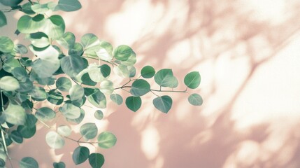 Wall Mural - Lush green leaves gracefully stretch towards natural sunlight, creating a serene contrast with a soft matte pale pink background, evoking a tranquil tropical atmosphere