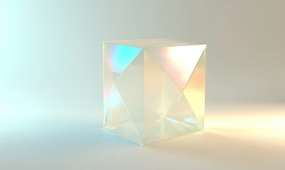 Wall Mural - Iridescent glass cube on white background with soft lighting, ideal for abstract or design projects