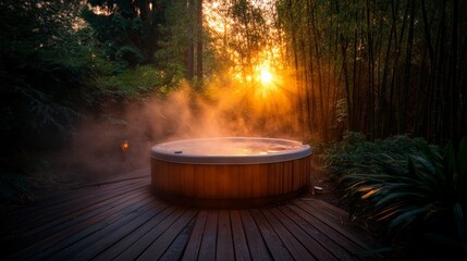 Poster - Experience tranquility in a small round hot tub enveloped by tall bamboo, with soft mist rising as the morning sun casts a warm glow, creating a serene retreat