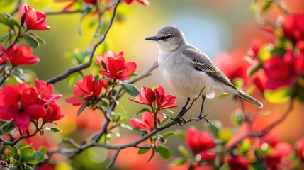 Naklejka na meble Bird perched on a blooming azalea branch amidst vibrant flowers in a serene garden setting