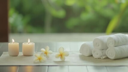 Aufkleber - Relaxing slow motion video of a spa table with rolled white towels, lit candles and frangipani flowers, creating a peaceful and tranquil atmosphere