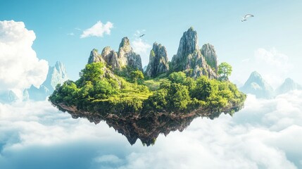 Canvas Print - A vibrant floating island with majestic mountains and lush green trees, suspended in a bright blue sky with a white background