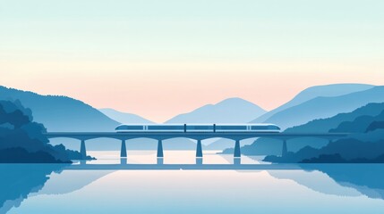 Leinwandbilder - Train travels over a picturesque bridge spanning a tranquil river at dawn amidst serene mountains. Generative AI