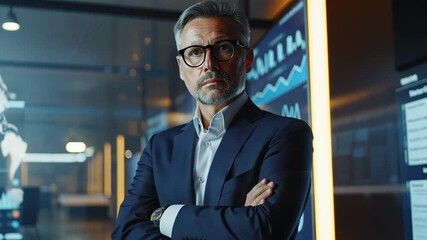 Poster - Business professional analyzes data trends in a modern office with advanced technology at night