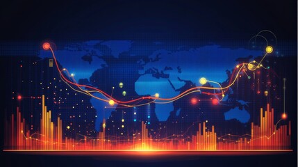 Poster - Global Market Trends Pixelated World Map with Dynamic Charts Illustrating Financial Performance.