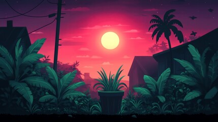 Canvas Print - Tropical Sunset Suburban Scene with Plant in Pot