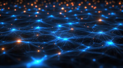 Fototapete - Abstract Blue and Orange Network with Glowing Lights in Dark Space