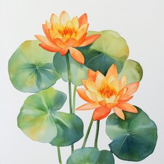 Canvas Print - Artistic watercolor painting of water lilies with bold orange petals and vibrant green leaves, on a soft white backdrop