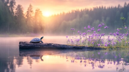 Wall Mural - Turtle Sunrise Serenity Peaceful Dawn on Still Lake