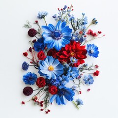 Canvas Print - Charming bouquet of flowers showcasing vivid blue and red petals on a bright white background