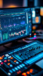 © F-STUDIO - A modern audio editing setup featuring a digital mixer and a vibrant sound visualization on a computer screen.