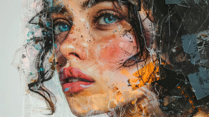 Poster - Abstract and modern collide in collage portrait of young woman, showcasing vibrant colors and artistic textures in contemporary style. close up reveals intricate details and emotional depth