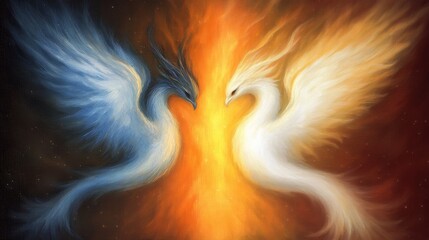 Wall Mural - Twin Phoenixes Fire and Ice Embrace