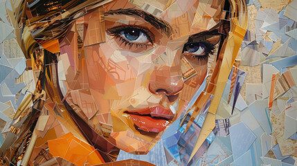Poster - Abstract and modern collide in collage portrait of young woman crafted from trendy paper in composition that both artistic and contemporary, showcasing vibrant colors and textures