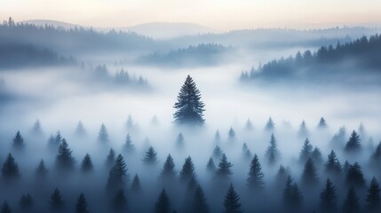 Poster - A dense fog blankets a vast forest, creating a tranquil atmosphere, while a towering redwood stands majestically through the mist, captivating the viewer