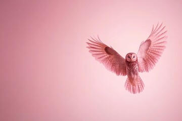 Poster - A majestic owl glides gracefully through the air against a solid pastel background, wings outstretched, embodying freedom and elegance with ample copy space